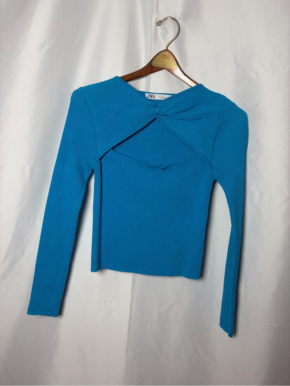 Zara Turquoise Twist-Detail Ribbed Long-Sleeve Top